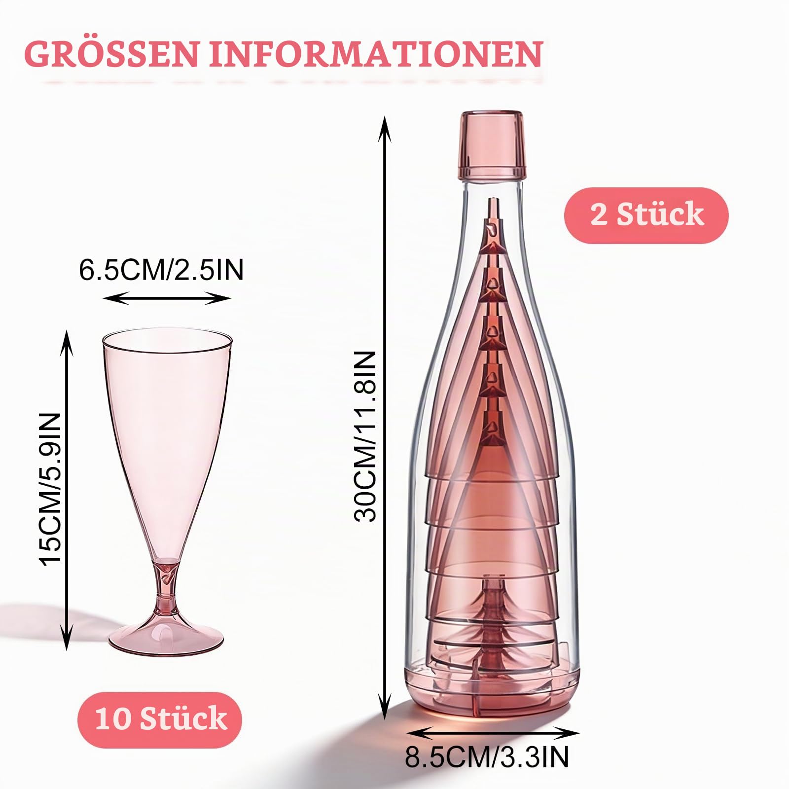 PORFOYO Sektgläser Plastik, 10 Stück 155 Ml Stapelbar Champagner Gläser, 15 X 6.5 Cm Kunststoff Mehrweg Champagnergläser Mimosa Für Sektempfang, Hochzeit, Geburtstag, Party, Picknick (Pink)