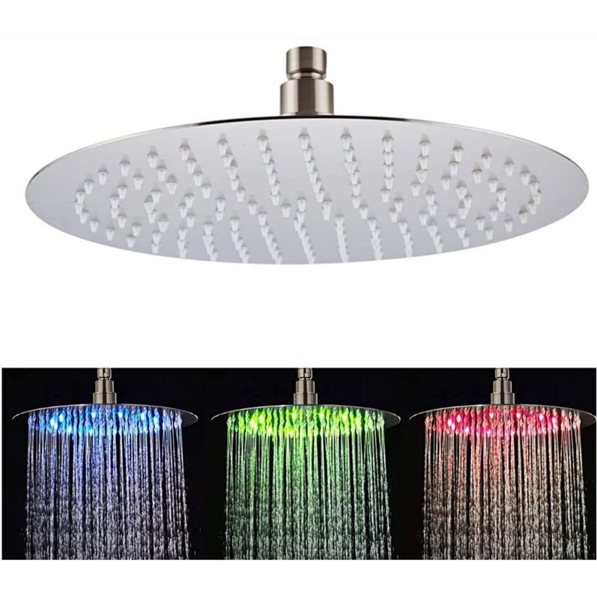 Pommeau de douche LED 25,4 cm effet pluie en acier inoxydable chromé pour salle de bain moderne