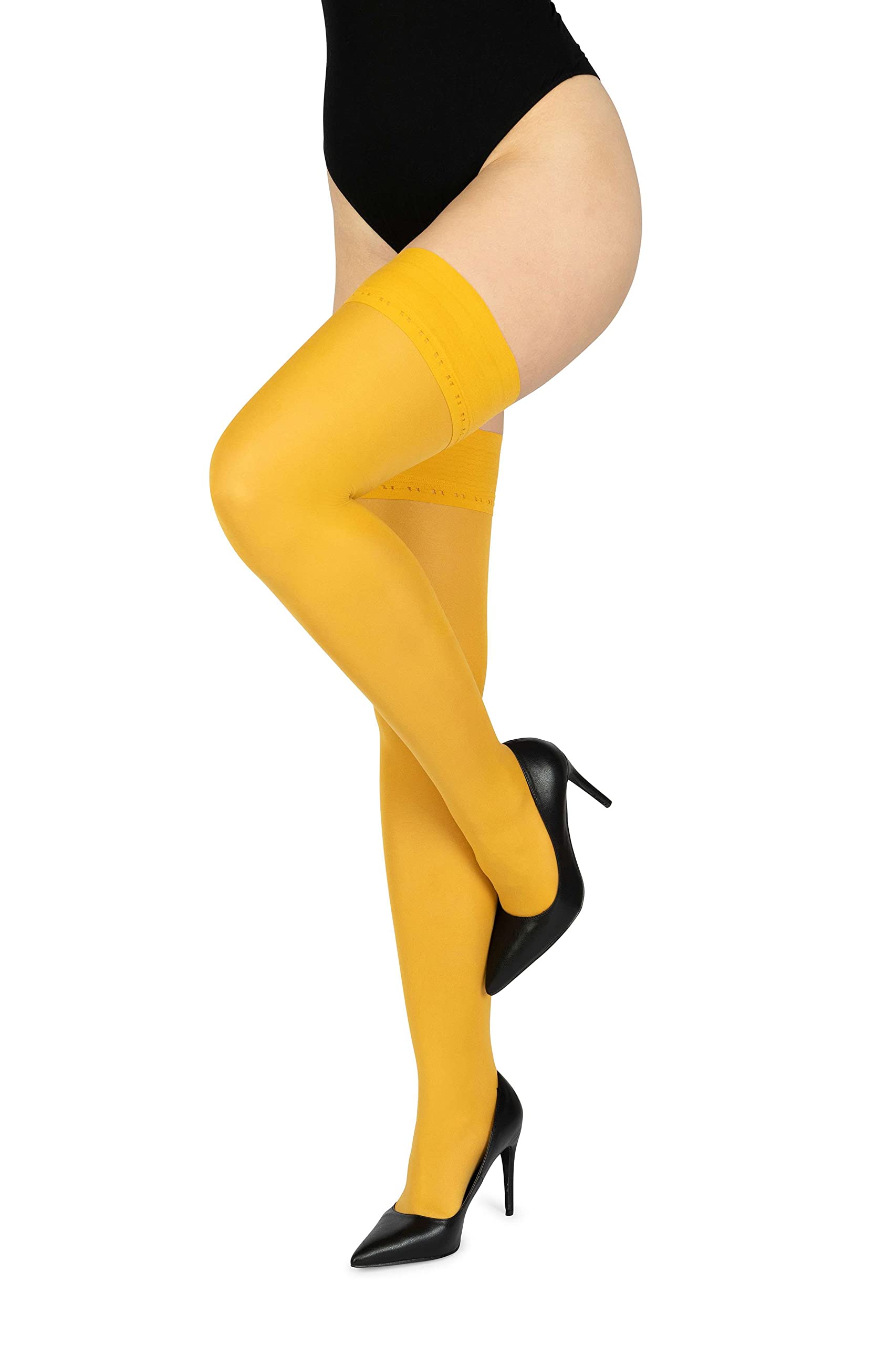 LORES Opaque 60 Denier Hold Ups Stockings High Tights Over-the-Knee Sexy Hosiery Silicone, Senape XS/S