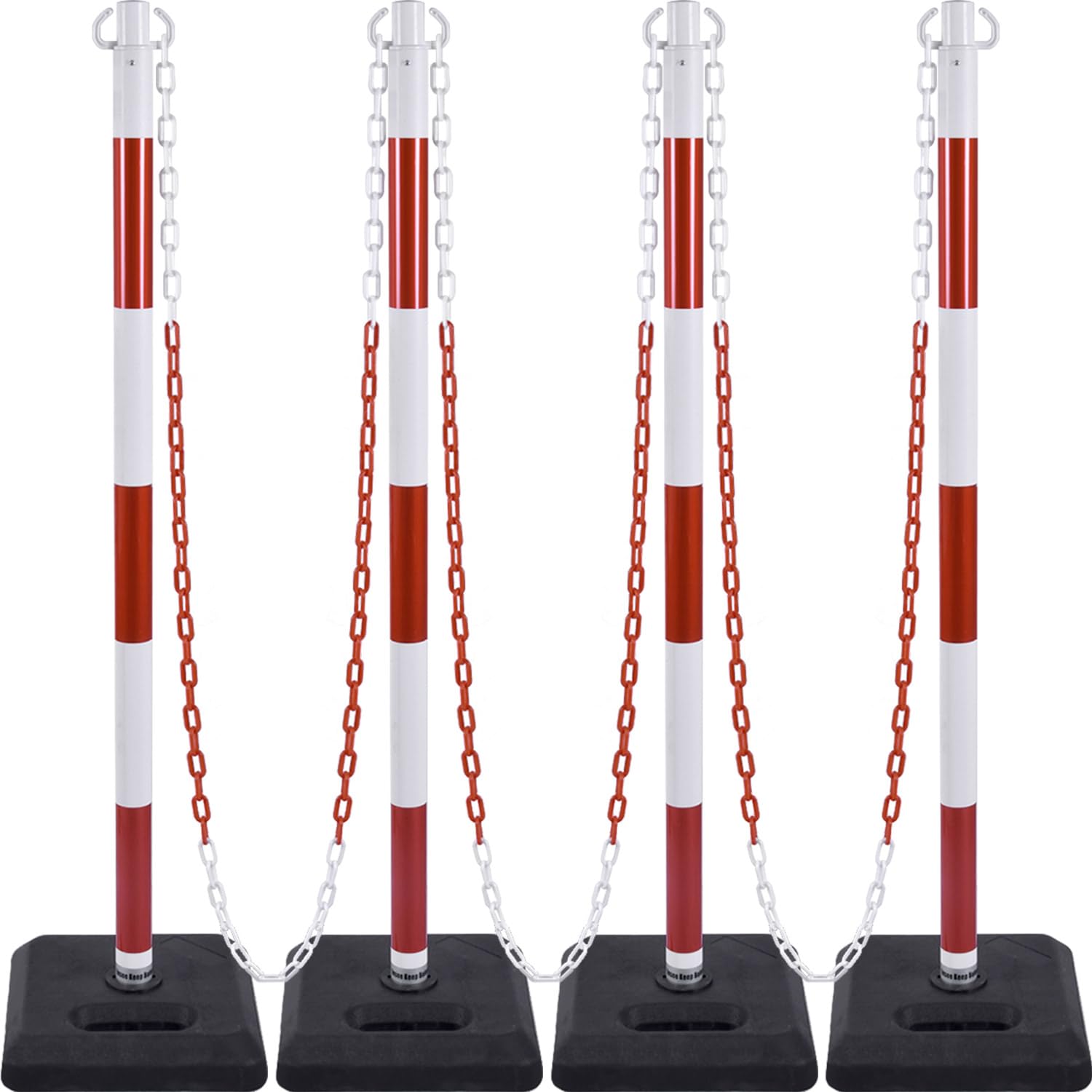 4 Pack Red White Portable Work Zone Chain Post Set, Premium Crowd Control Stanchion Sets, 40" H Traffic Delineator Post Cones with Heavy Rubber Base, 80" Plastic Chain Barriers