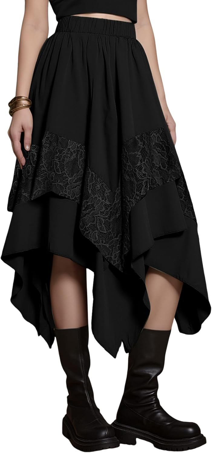 Yimoon Womens Renaissance Skirt Lace Tiered Asymmetrical Flowy Fairy Long Skirt High Waist Gothic Midi Skirts