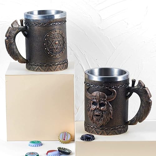 Miniatura 8 de Arola Taza de cerveza con hacha vikinga, de acero inoxidable, diseño de calavera de guerrero vikingo, vaso de café, jarro de cerveza, vaso de