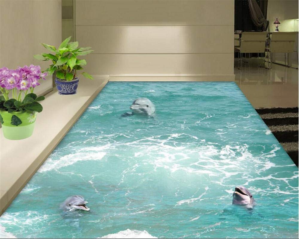 Papel pintado de suelo 3D personalizado para baño, cocina, papel pintado autoadhesivo impermeable delfín en las olas-200cmX140cm