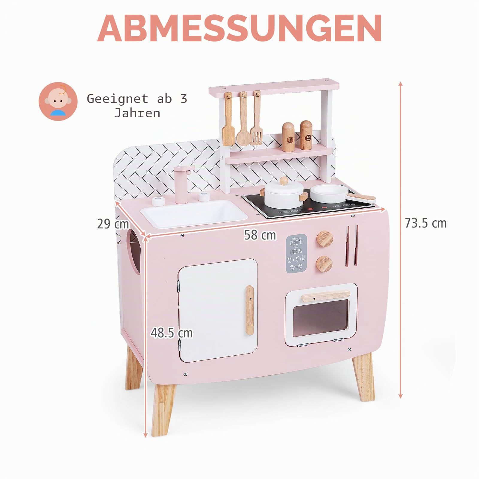 HOMASIS Spielküche mit 7 Zubehör, Kinderküche mit Spüle, Herd & Ofen, kleine Spielzeugküche aus Holz, Kinderspielküche mit Schrank, 3 Haken & 2 Regale, Holzküche Eckküche für Kinder ab 3 Jahre, Rosa