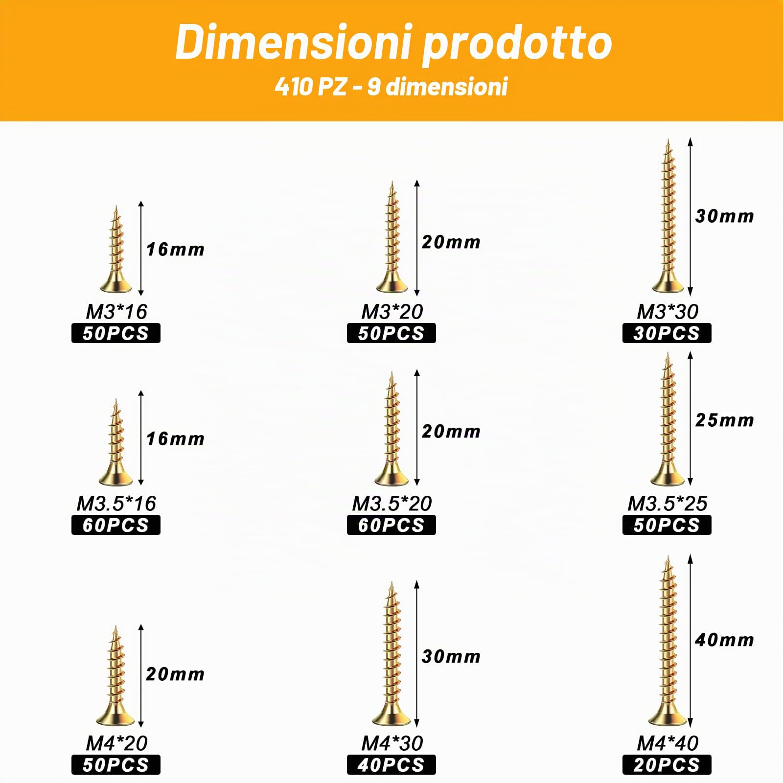 Set di viti autoperforanti M3 M3,5 M4, viti per legno testa piana, assortimento universale, viti a brugola filettatura completa