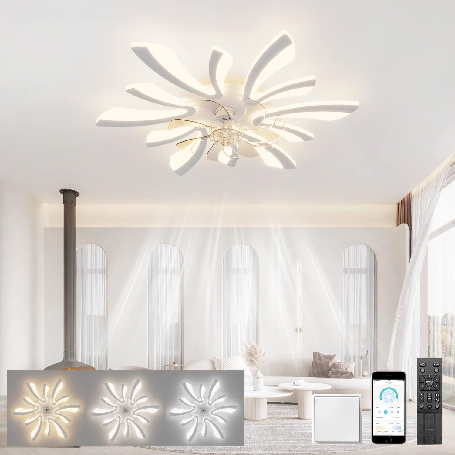 LJX Ceiling Fans with Light and Remote Control Silent DC Ceiling Lamp Bedroom Fan Timer Adjustable Reversible Fan Led Ceiling, White