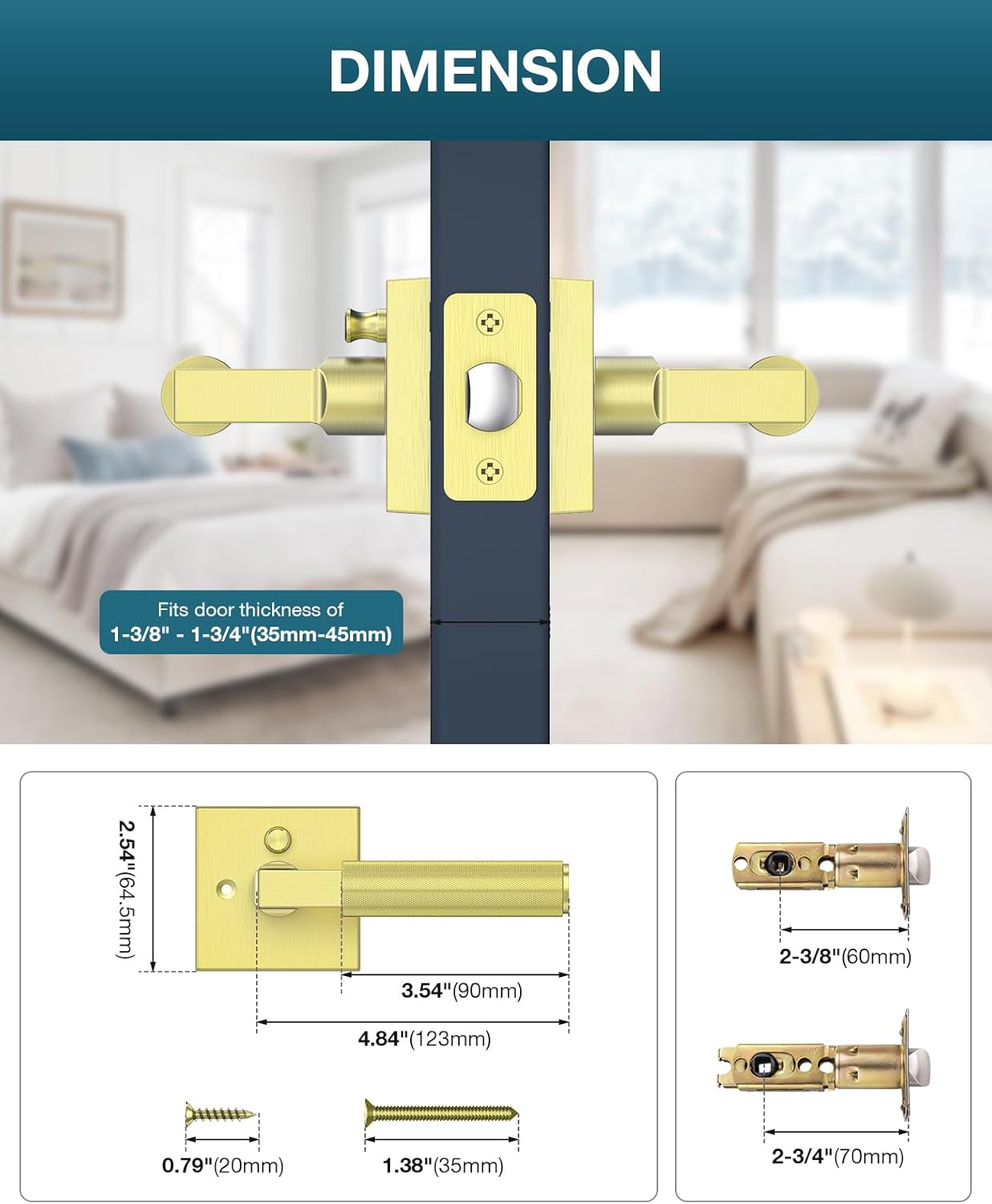 Gold Door Handle, Gold Door Locks for Bedroom or Bathroom, Heavy Duty Door Handles Interior with Locks for Left & Right Handed Doors, 4 Pack