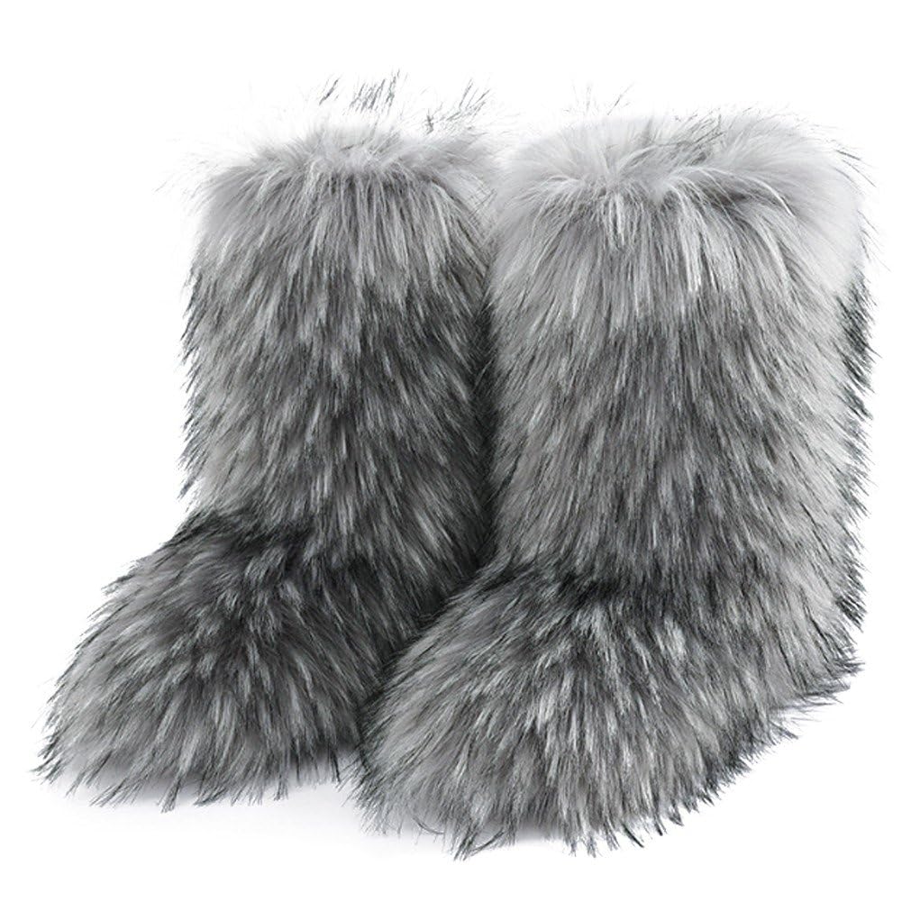 Sanfly Winter Raccoon Snow Boots Boots Snow Boot Furry Snow Boots Fluffy -calf Flat Boots for Outdoor Indoor