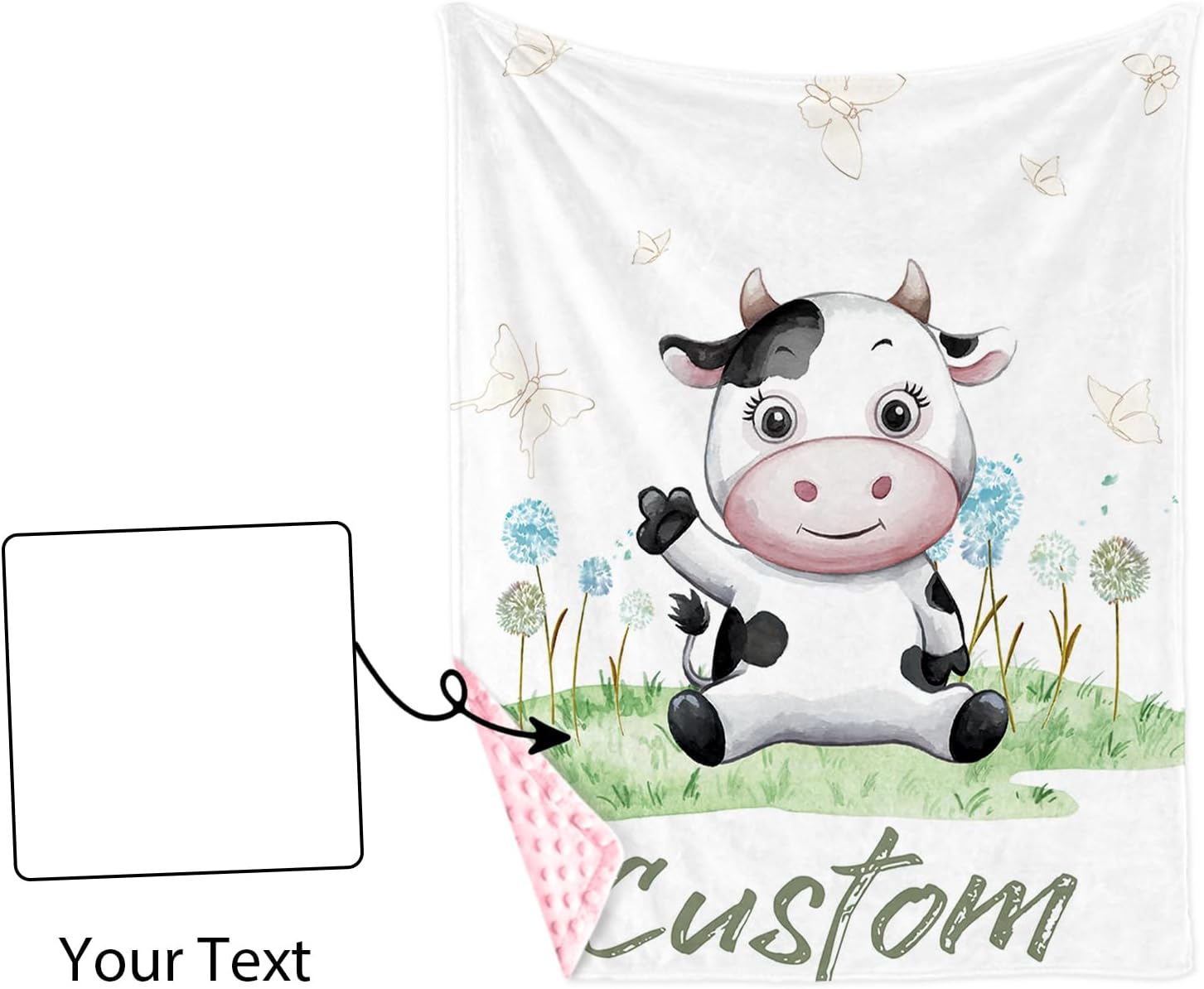 Personalized Baby Blanket for Boys, Custom Name Baby Blanket with Cars, Soft Flannel with Double Layer Dotted Backing, Receiving Swaddle Blanket for Infants and Toddlers, Cow Design