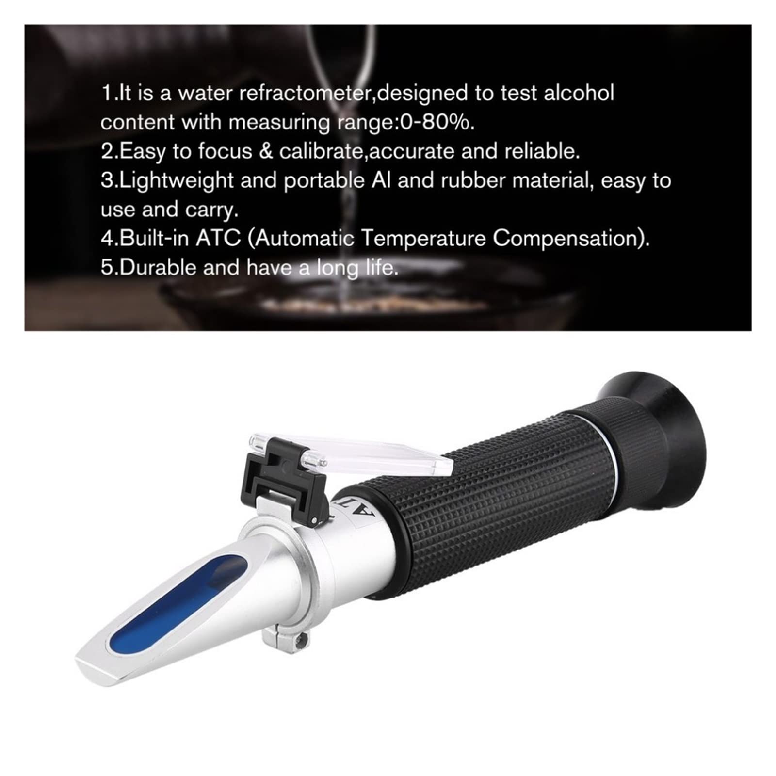 Refraktometr, refraktometr Brixa, Handheld Refraktometr 0-80% optyczny alkoholowy alkohol i napojów spirytusowych zawartość wódki miernik miernika ATC Pomiar tester do celów rolniczych, ogrodniczych i