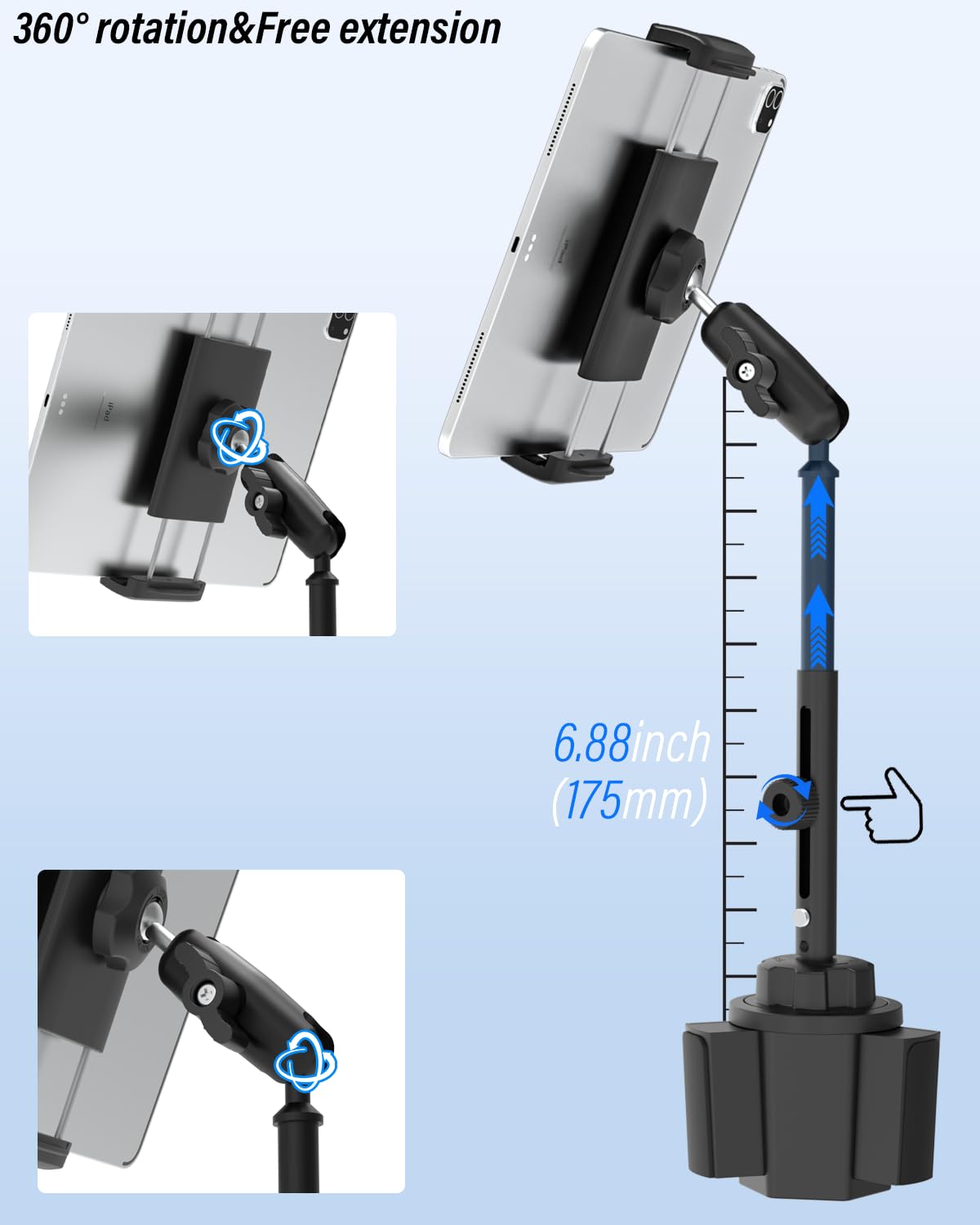 Tablet Halterung Auto Getränkehalter, [Max. 28.5cm Höhe] Metall Teleskoparm Stabil KFZ Becherhalter für iPad Pro/Air/Mini, Samsung Tab, iPhone 17, 4-13" Tablets & Handy, Dicke Hülle