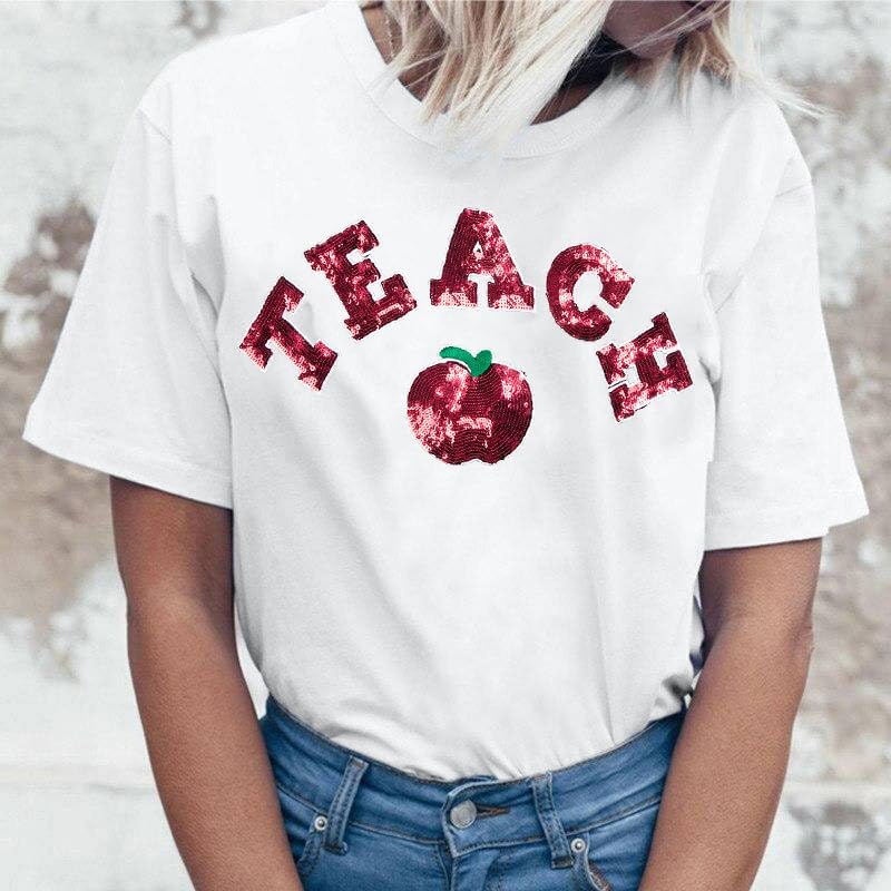 Teacher Shirt for Women Sequin Teach Apple T Shirt Back to School Shirt Kindness Tee Teaching Life Tops - Image 2