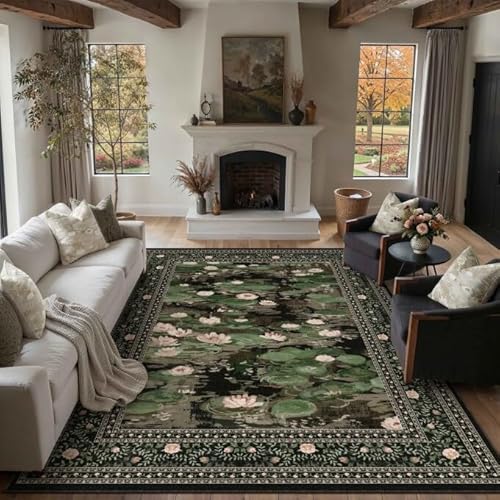 Washable 8x10 Area Rug for Living Room Black Floral Indoor Large Carpet Non Slip Low Pile Vintage Impressionist Rugs for Bedroom Dining Room Nursery P