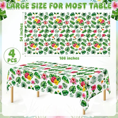 Image of QZYL 4Pcs Luau Party Decorations, 108 inch X 54 inch Floral Leaf Tablecloth, Disposable Plastic Luau Party Decorations, Rectangle Tropical Palm Tablecover for Hawaiian Theme Decor Tropical Summer Beach Pool