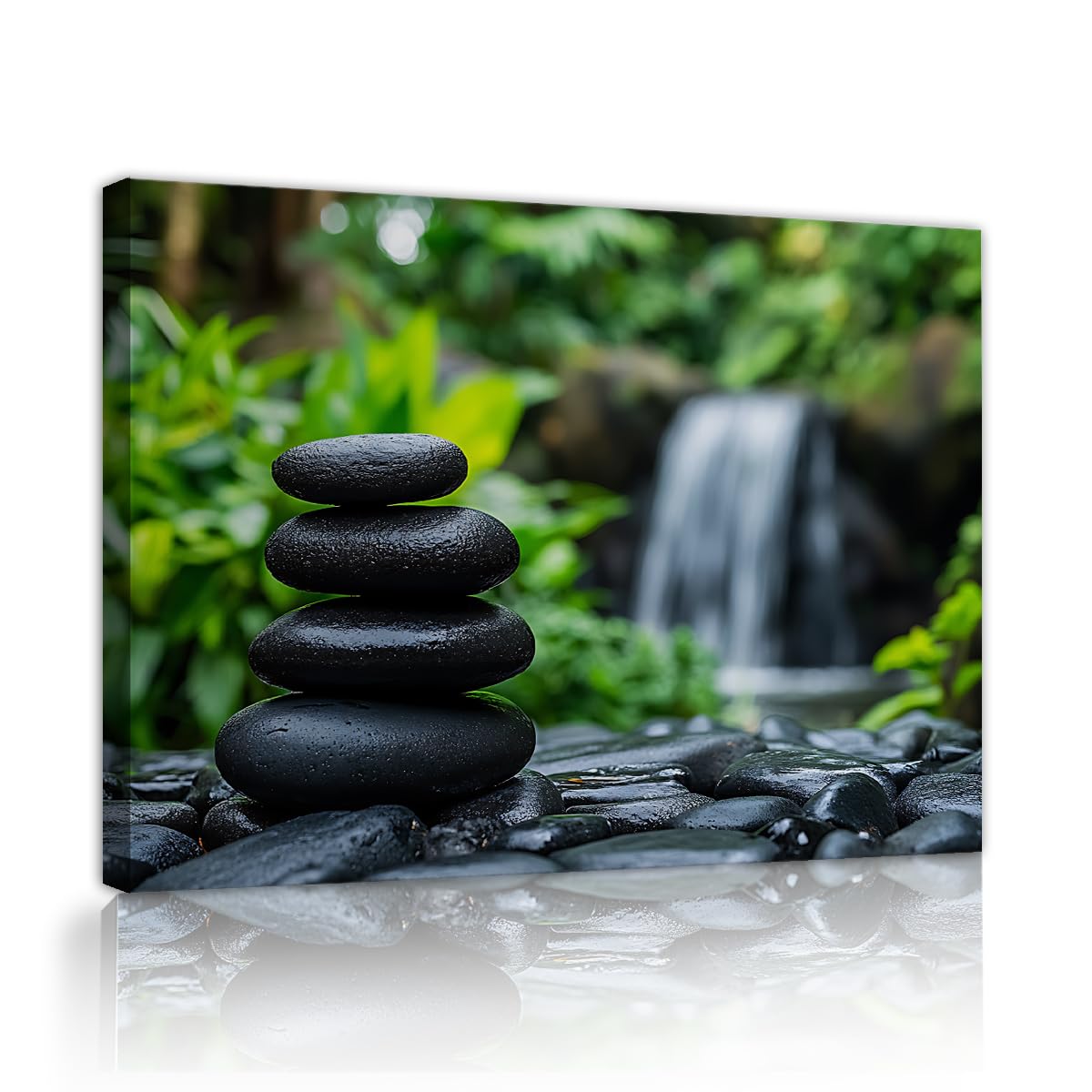 Via Vela Relaxing Feng Shui Framed Canvas Wall Art, Stacking Stones Artwork, Meditation Room Waterfall Decor, Calm Spa Bathroom Giclee Prints 70x105cm