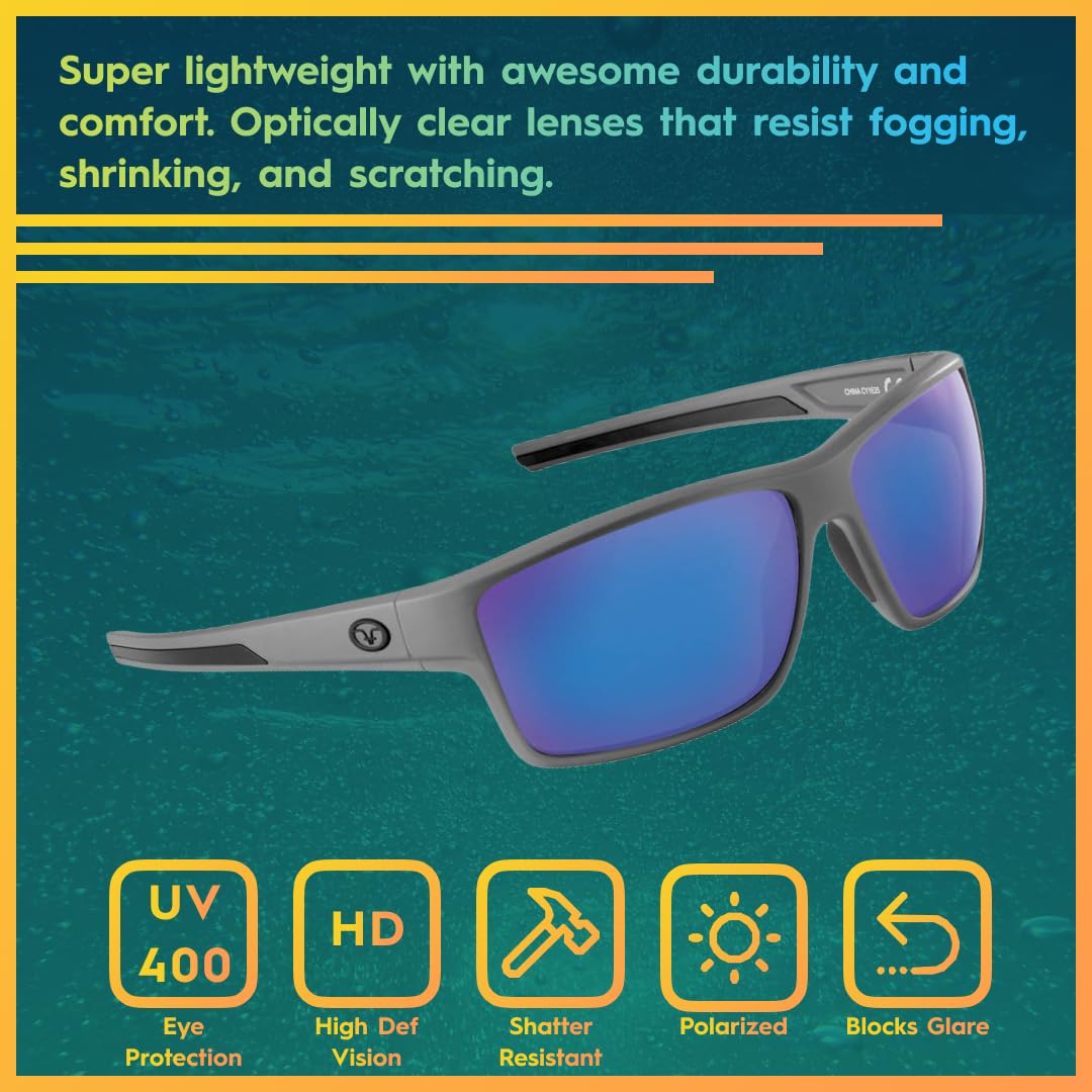 Flying Fisherman Mojarra - Gafas de Sol Rectangulares Polarizadas, Marco Gris Mate/Lente Espejo Azul Ahumado, Talla M, Medium