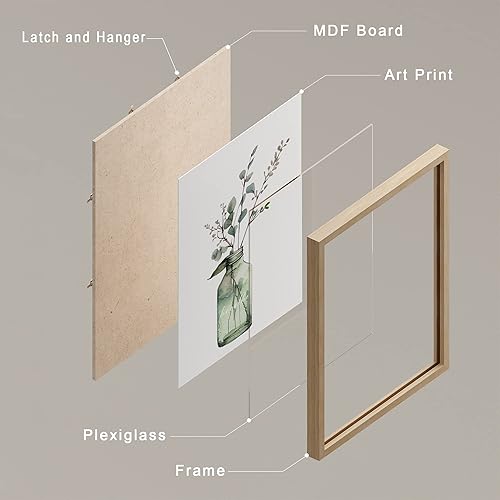 Miniatura 4 de SIGNWIN Arte de pared enmarcado de florero de vidrio con hojas de bosque pastel, juego de 4 impresiones de decoración de pared de naturaleza