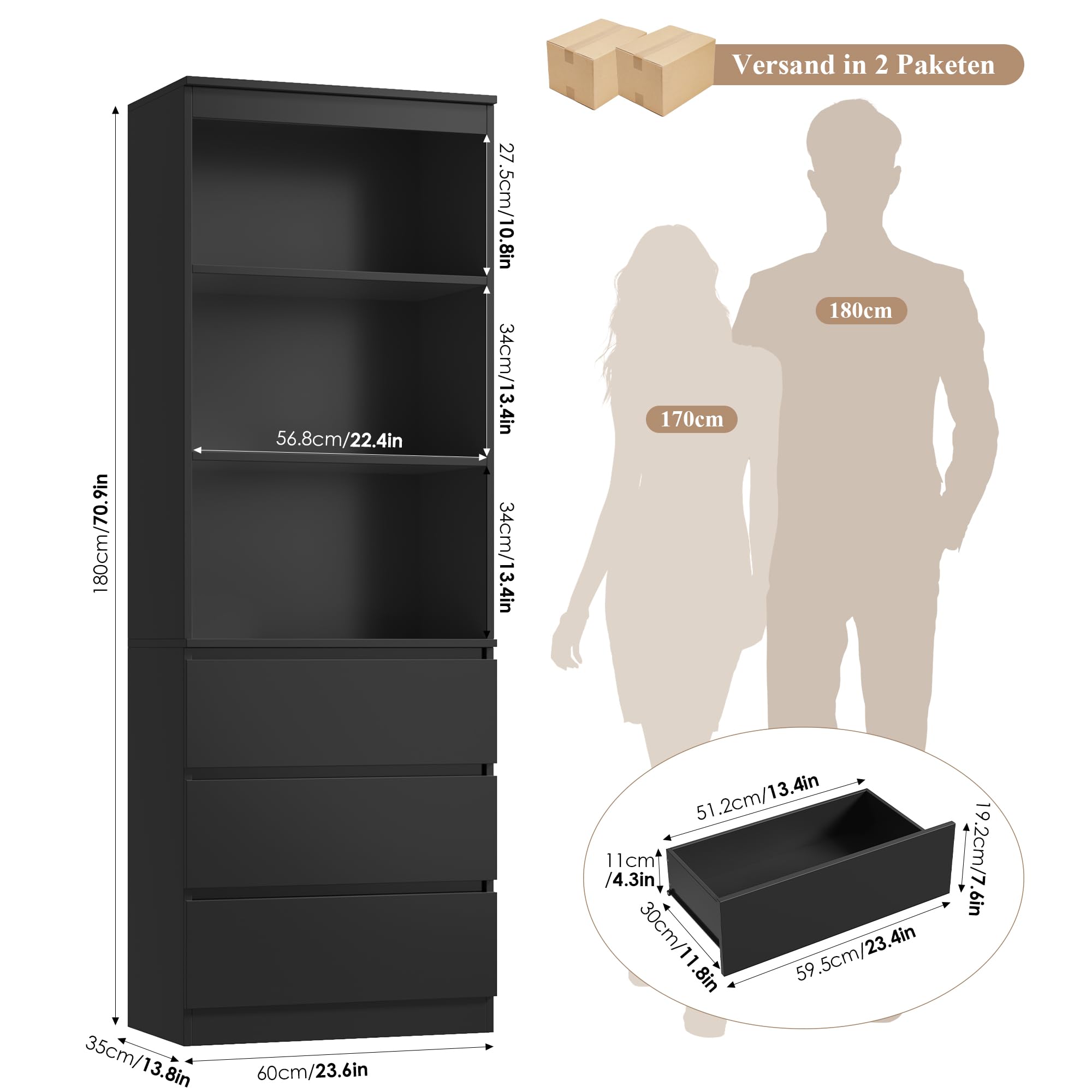FirFurd Bücherregal mit 3 Schubladen 3 Fächern 180 cm Bücherschrank Vitrinenschrank Büroschrank Hochschrank Mehrzweckschrank für Wohnzimmer Büro Küche 60 x 35 x 180 cm Schwarz