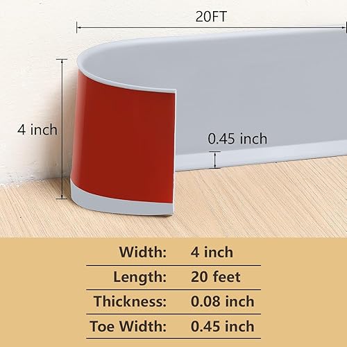 Miniatura 9 de Moldura flexible para zócalo, borde de goma para despegar y pegar, diseño autoadhesivo de vinilo para pared, 4 pulgadas de ancho x 20 pies de largo,