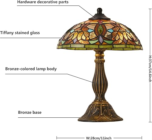 Miniatura 6 de Lámpara de mesa estilo Tiffany, lámpara de cristal de 12 pulgadas, lámpara de mesa antigua, lámpara de noche, para mesita de noche, dormitorio, sala