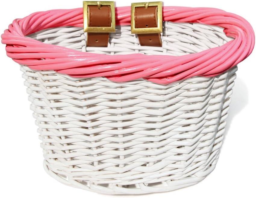 01549 Kids Front Handlebar Wicker Bike Basket, Leather Straps White/Pink