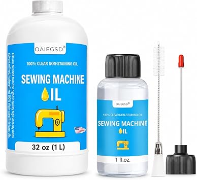 OAIEGSD Sewing Machine Oil Bundle, 32 oz Bulk Refill + 1 oz Precision Oiler Kit with Applicator & Cleaning Brush, Clear Non-Staining Low-Viscosity Oil for Sewing, Serger, Embroidery & Quilting Machine