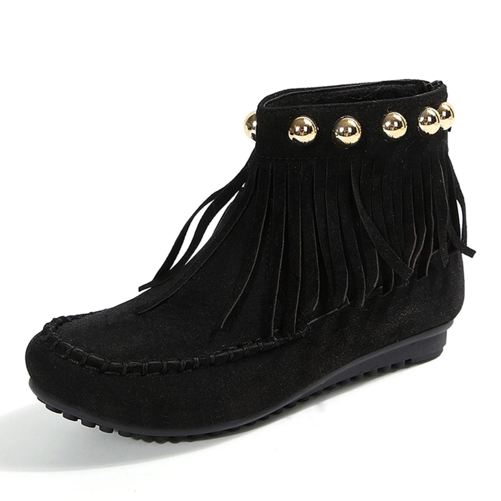 Women Classic Fringe Boots Suede Tassel Cowboys Round Toe Flat Booties Retro Low Heel Fashion Casual Winter Short