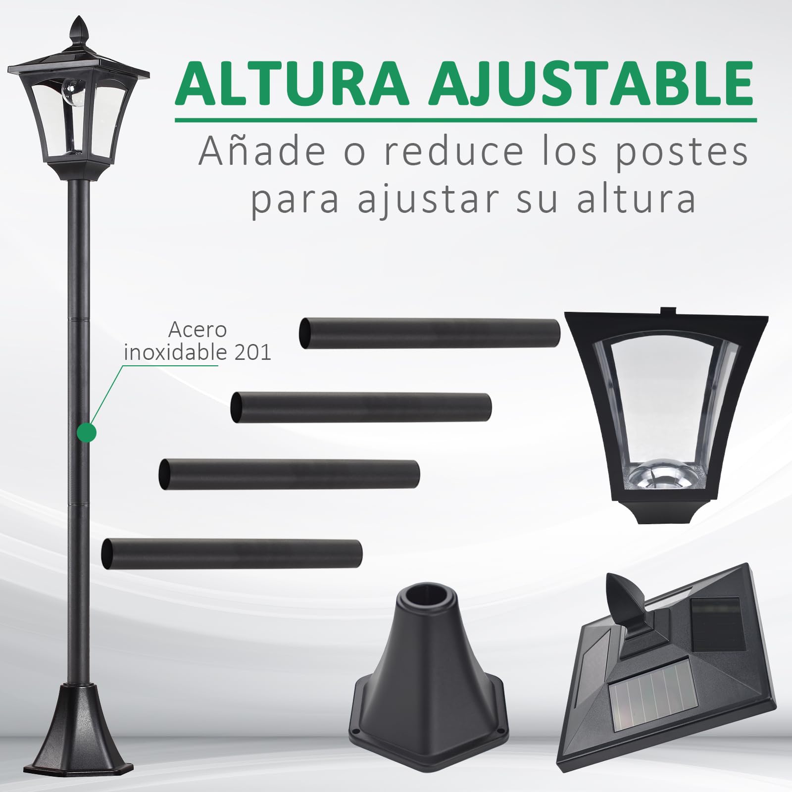 Outsunny Farola Solar Luz Solar de Exterior con Panel Solar Encendido Automático e Impermeable IP44 Marco de Acero Inoxidable para Patio Terraza 18x18x160 cm Negro