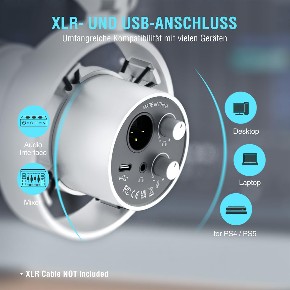 Fifine K688CTW Kit Micrófono Dinámico Podcast Blanco | Con Brazo de Boom, Puertos XLR/USB para PC, Mezclador de Audio. Conector de Auriculares para Grabación Vocal y Música