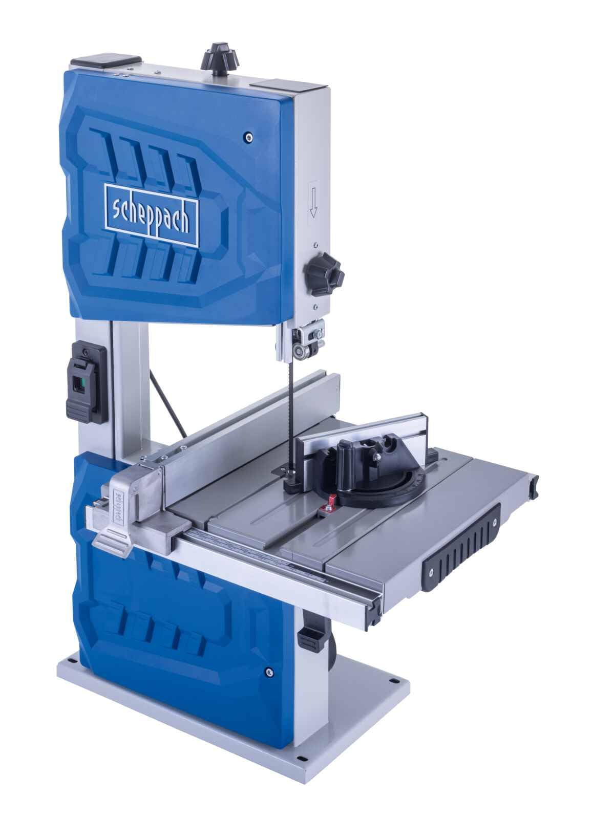 Scheppach Bandsäge HBS261 | Durchgangshöhe 120 mm | 2 Schnittgeschwindigkeiten 660/960 min | Tischverstellung 0-45° | Querschnittschablone, Parallelanschlag und 3 Sägeblätter enthalten