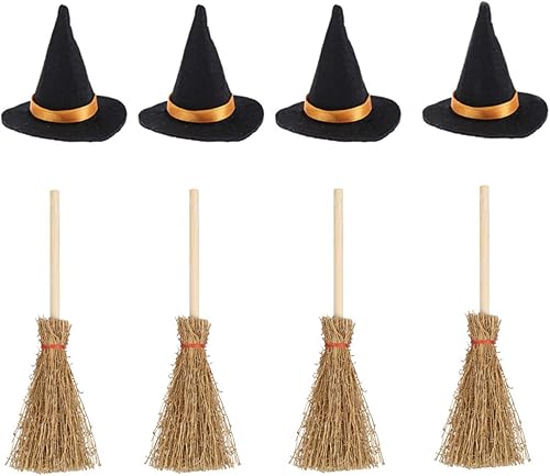 Mini sombreros de bruja y escobas – Decoraciones de Halloween para recuerdos de fiesta, cumpleaños, bodas, accesorios de manualidades – Juego de 12