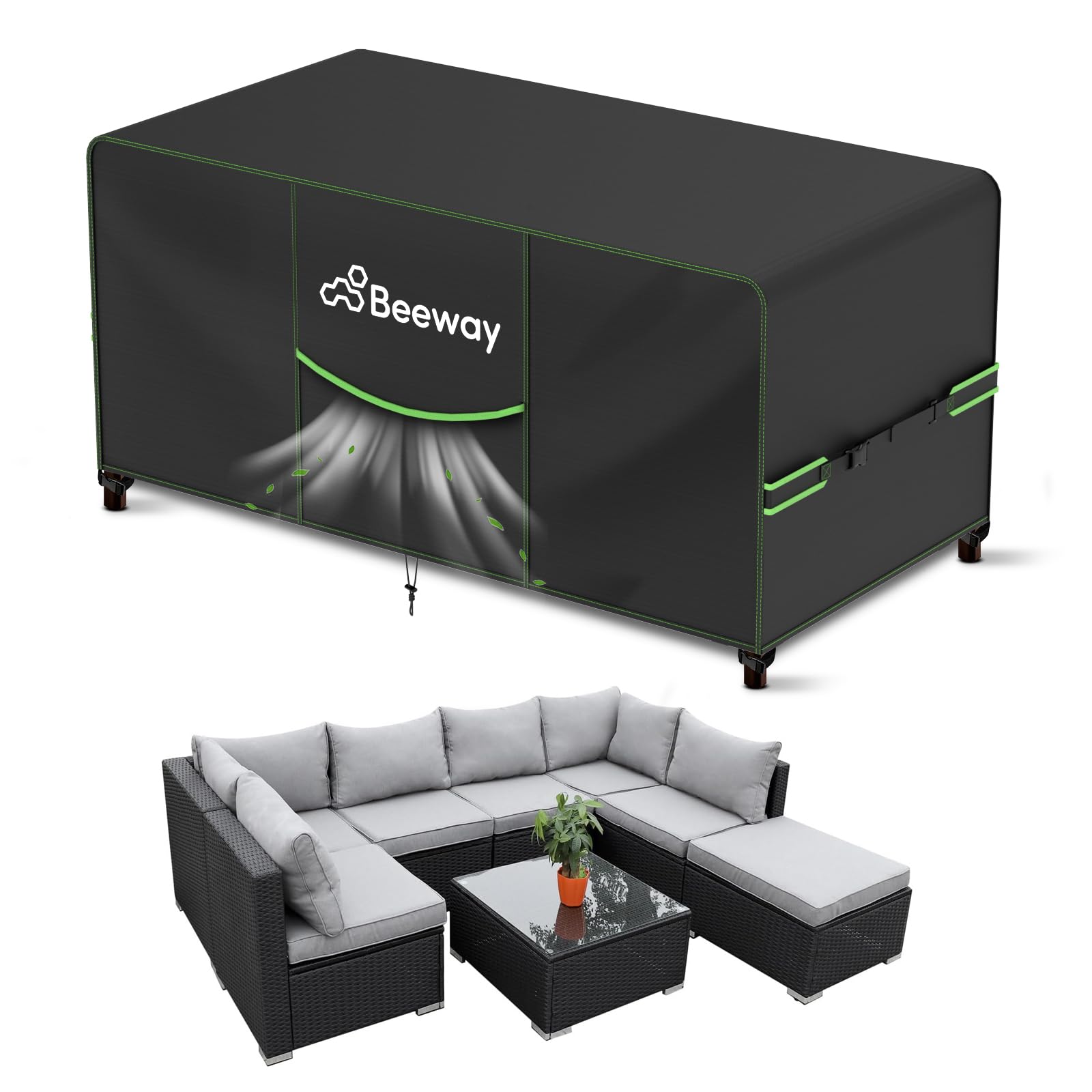 BEEWAY Garden Furniture Cover With Air Vent, Waterproof Patio Rattan Sofa Table Chair Set Cover - 420D Oxford Fabric, Windproof - 200x160x74cm — view 8
