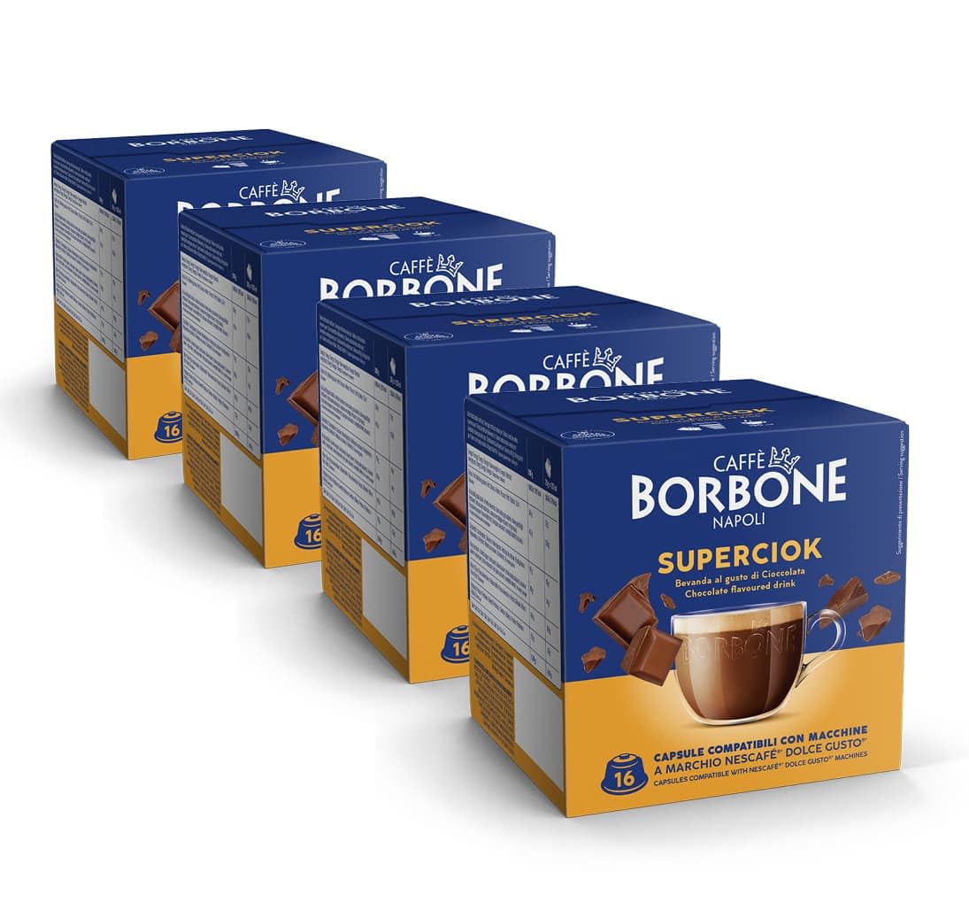 CAFFÈ BORBONE 128 cápsulas para máquinas Dolce Gusto® - Kit surtido: 64 cápsulas de bebida con sabor a chocolate (4 paquetes de 16) + 64 cápsulas de té con limón (4 paquetes de 16)