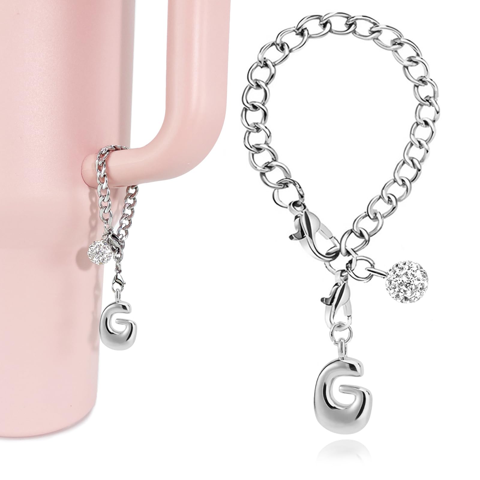 LUHOHI Silver Bubble Letter Charms for Stanley Cup Accessories - Designer Aesthetic Initial Cute Pendant for Water Bottle Tumblers Hydrojug Handle Preppy Jewelry Bracelets Personalized Keychain G