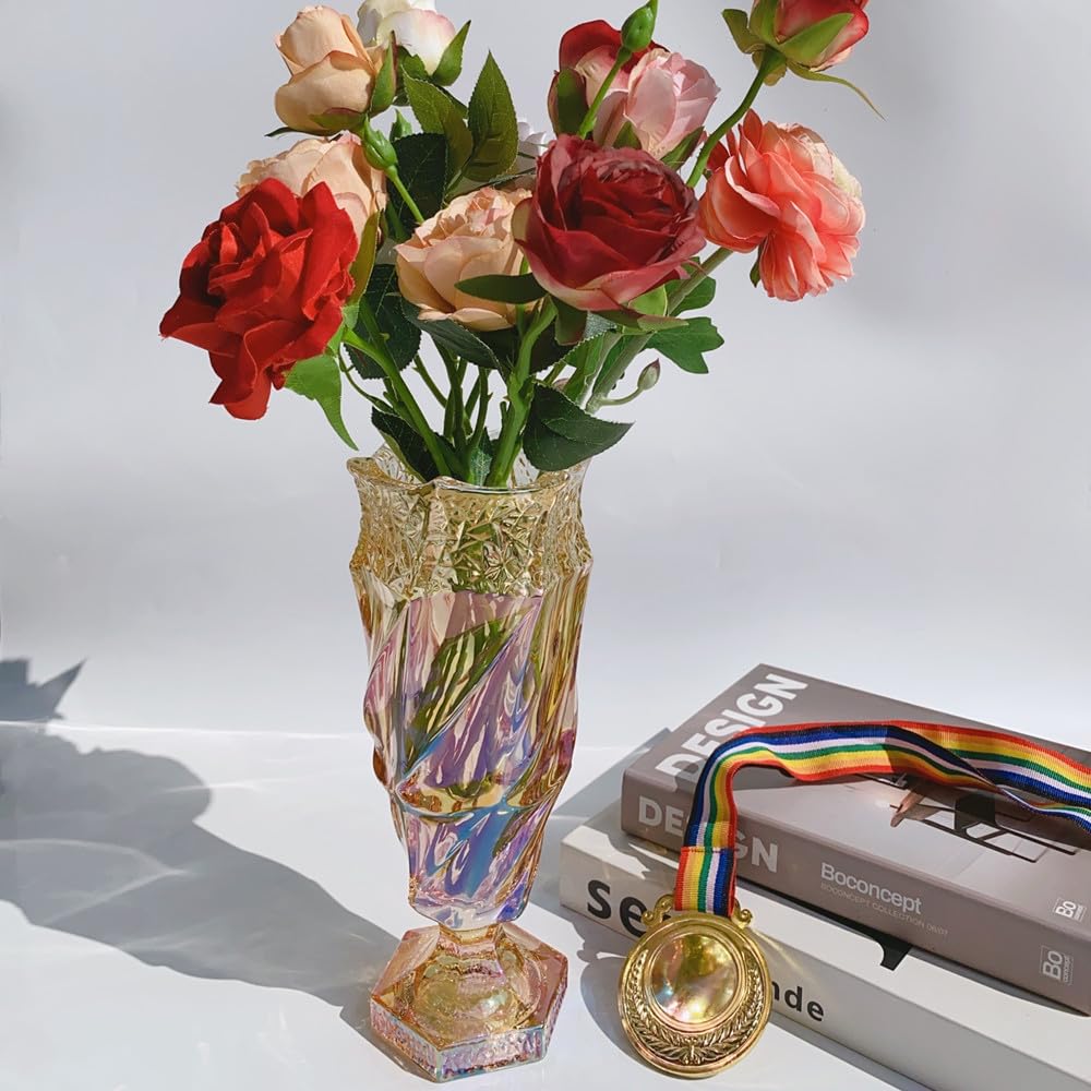 Florero de cristal de 2.5 libras 9.5 pulgadas, estilo bohemio, para centros de mesa, boda, decoración del hogar (ámbar brillante), ámbar brillante