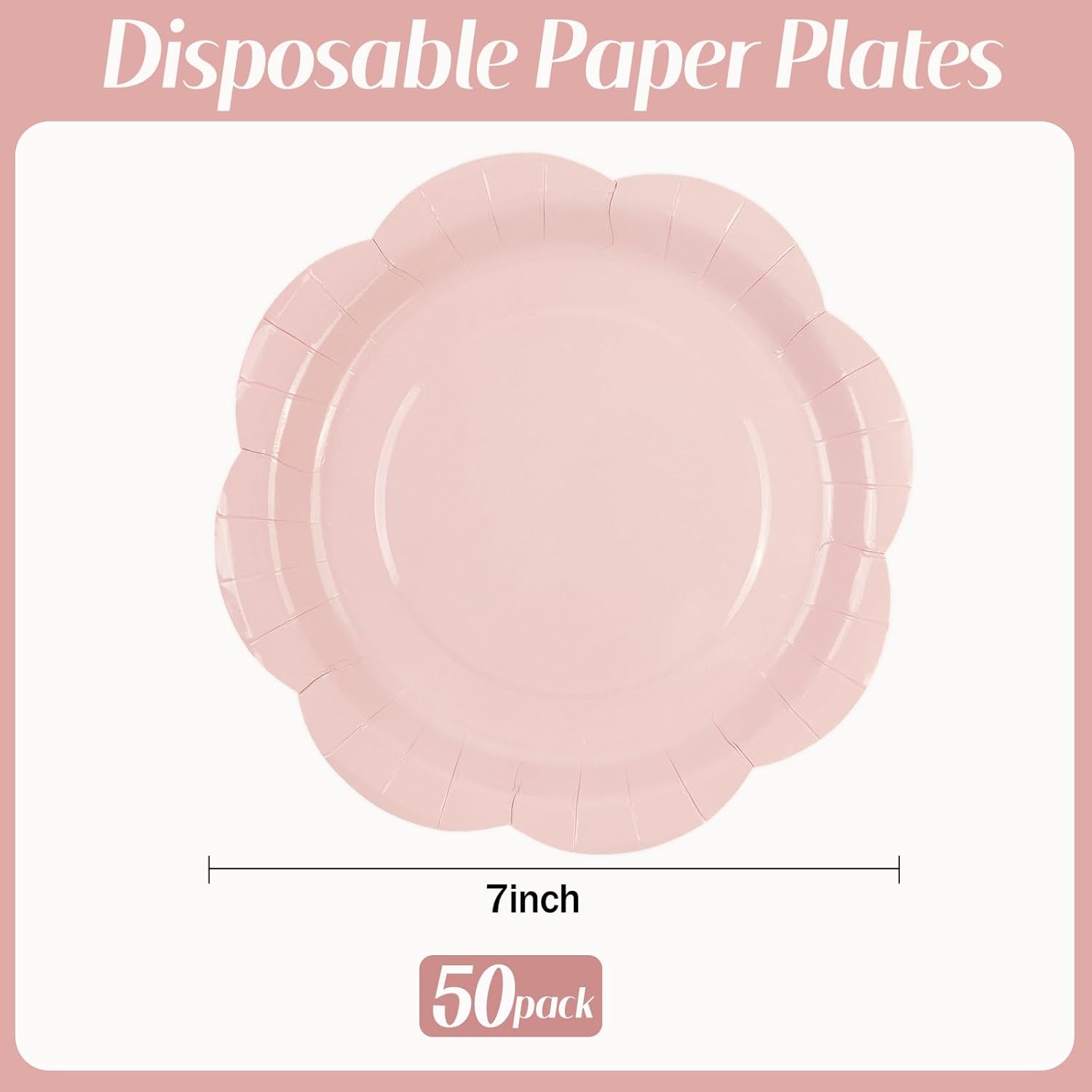 50 Pack Pink Paper Plates 7 Inch, Disposable Scalloped Plates Cake Dessert Plate for Dinner Baby Shower Wedding Bridal Shower Birthday Party Supplies (Pink, 7 inch) - Image 2