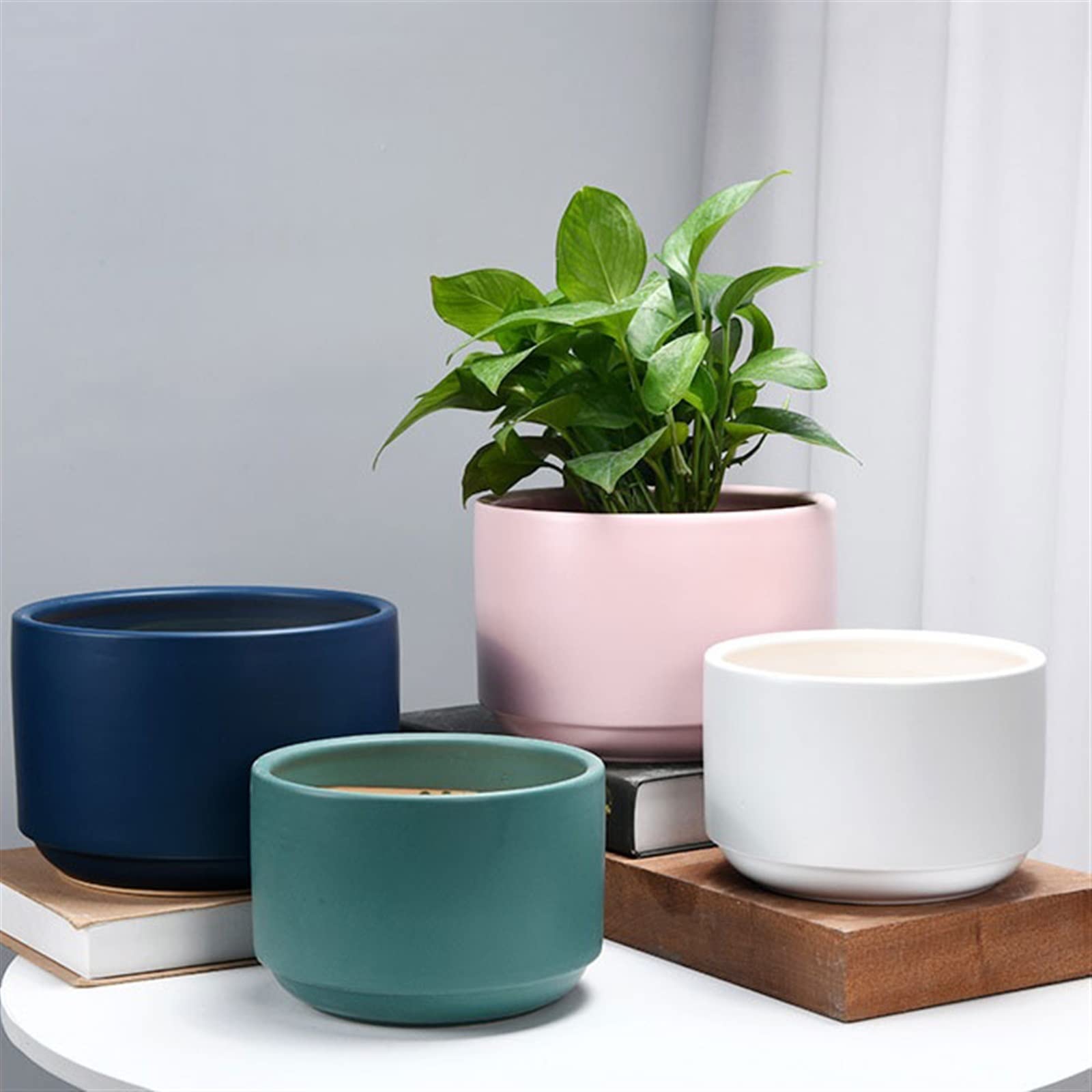 Doniczki ogrodowe na zewnątrz i wewnątrz, okrągła doniczka ceramiczna, niska doniczka, do wnętrz, balkonu, ogrodu, oddychająca doniczka na orchideę, średnica 23,9 cm doniczki z otworami drenażowymi (kolor: D)
