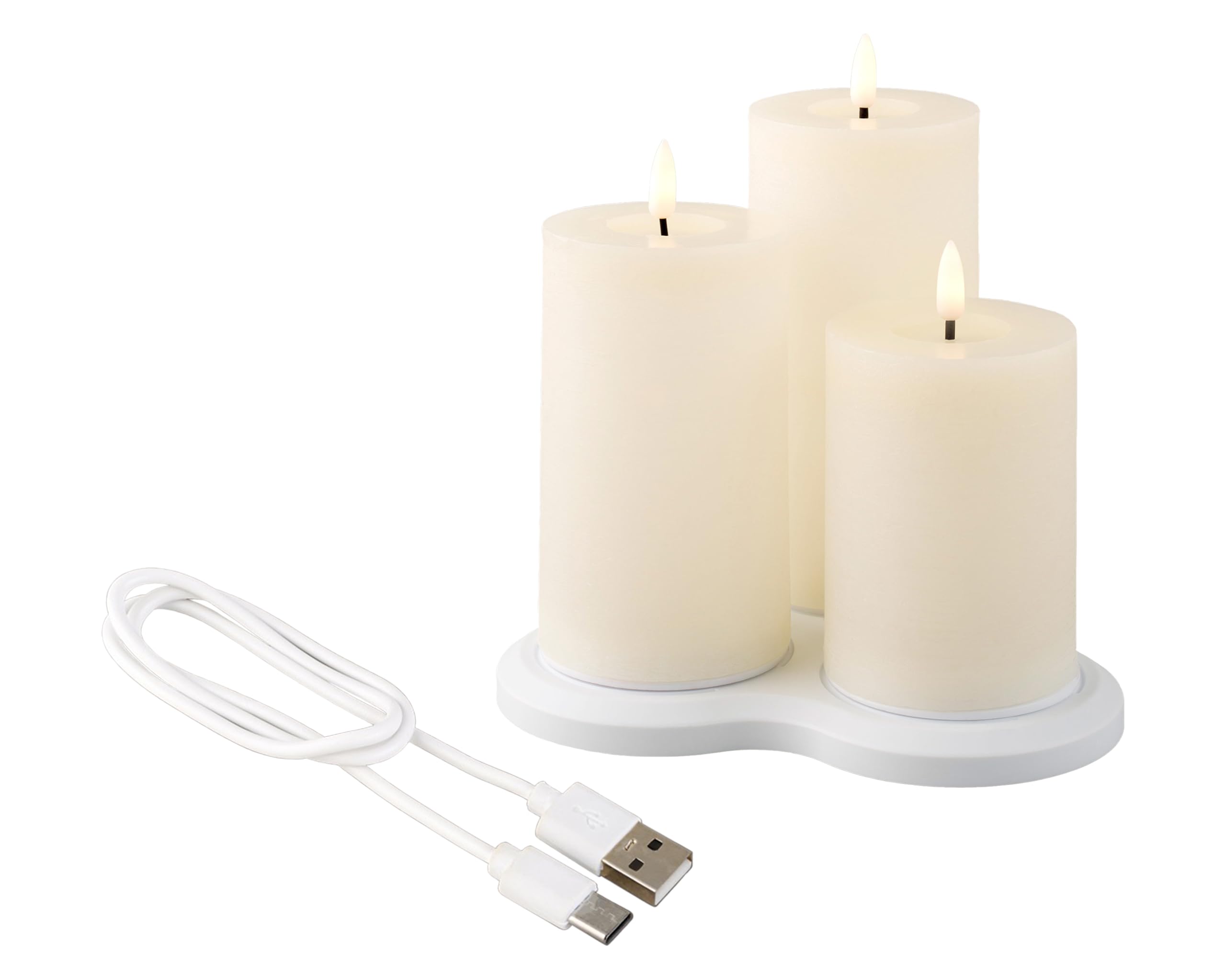 LED Kerzen mit Timer 12,5-17,5cm Wachs 3er Set - Elektrische Stumpenkerzen - batteriebetrieben & über USB-C aufladbar - Wachskerzen flackernde Flamme Effekt - Kerzenset Dekokerzen Creme / Warmweiß