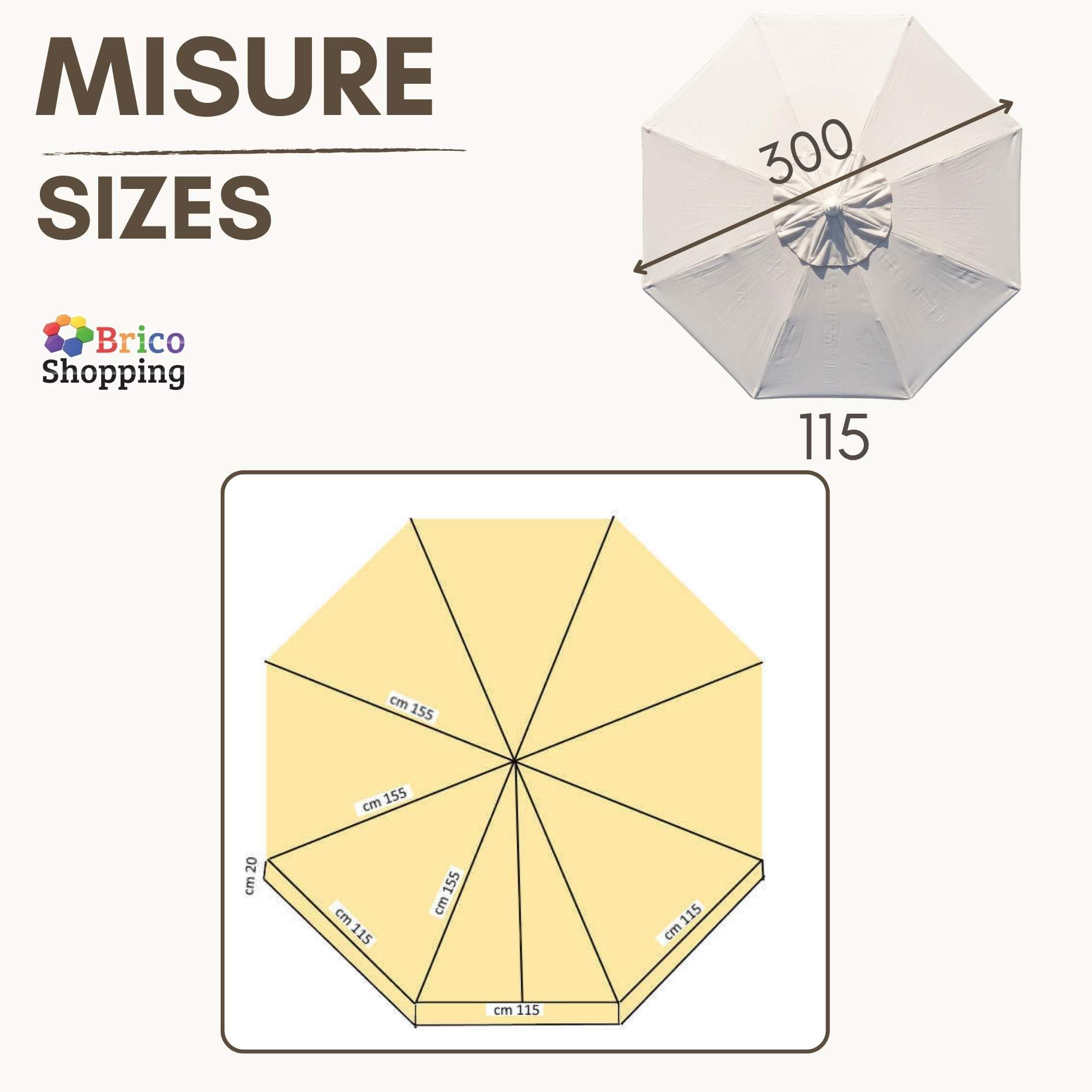 BricoShopping Bâche de rechange pour parasol de jardin avec poteau central 300 g/m² imperméable avec poches renforcées 8 lattes supérieures de couverture tissu Airvent (Mt 3 rond)