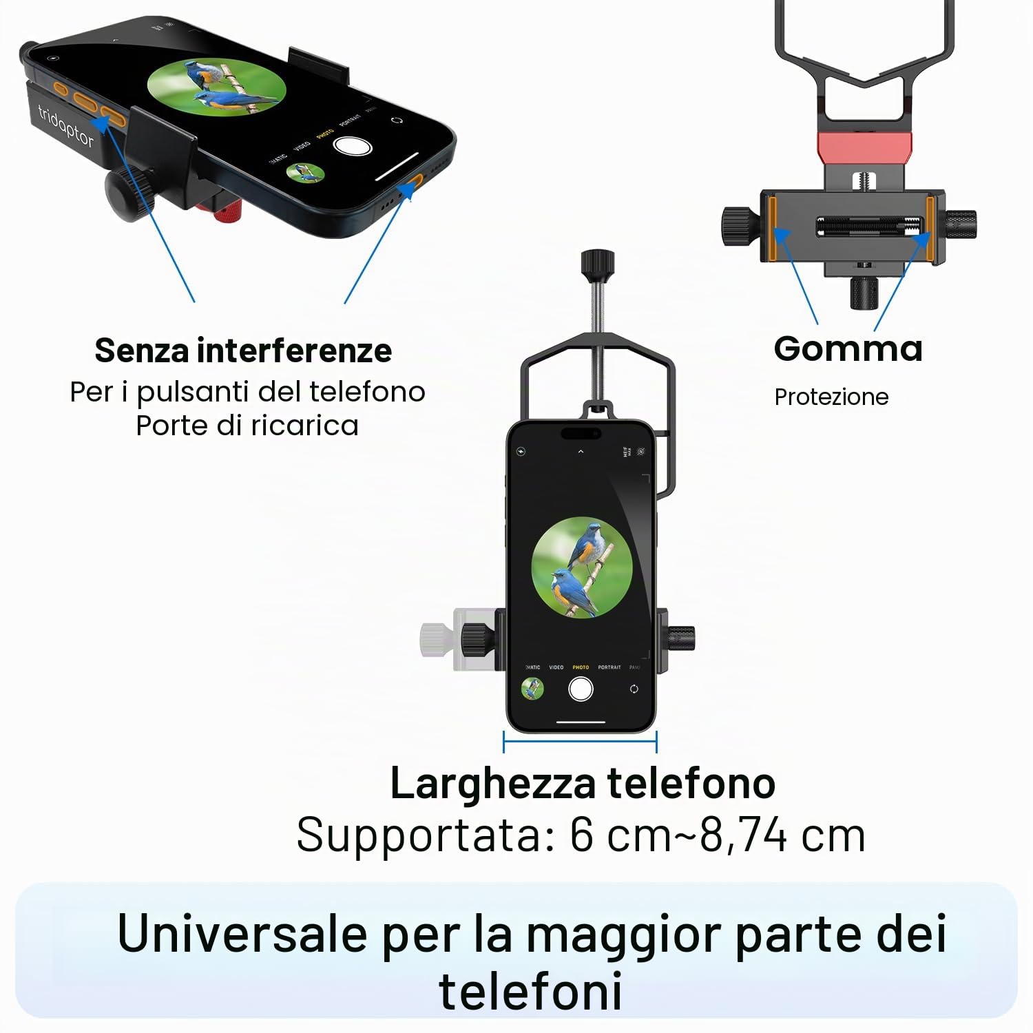 Adattatore per telefono telescopico ad alta precisione a 3 assi, adattatore digiscoping per smartphone, supporto in metallo per mirino, microscopio binoculare binoculare, adatto a tutte le fotocamere