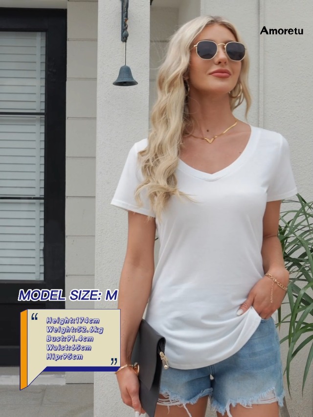 Amoretu Women's Summer V-Neck T-Shirt - Short Sleeve Curved Hem Loose Fit Top (Pink, Size L)
