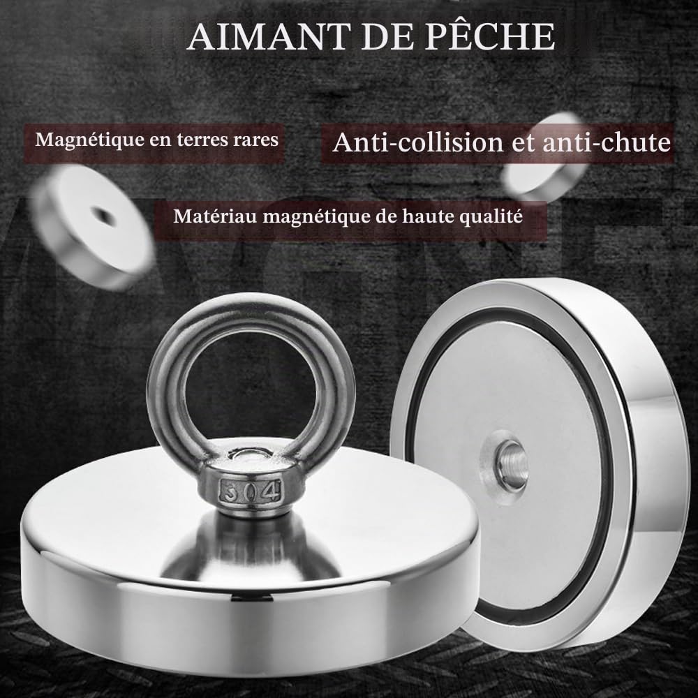 Aimant de pêche puissant Aimants en terre rare Kit de pêche avec corde durable de 20 m pour la pêche et la récupération magnétique (640LB)