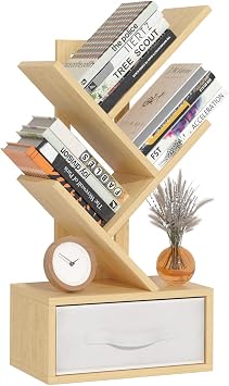 SHEEPAM Small Book Shelf with Drawer,4 Tier Black Tree Bookshelf,Wooden Desktop Bookcase,Modern Desk Display Storage Bookshelves,Floor Standing Organizer Bookcases for Living Room,Bedroom,Office