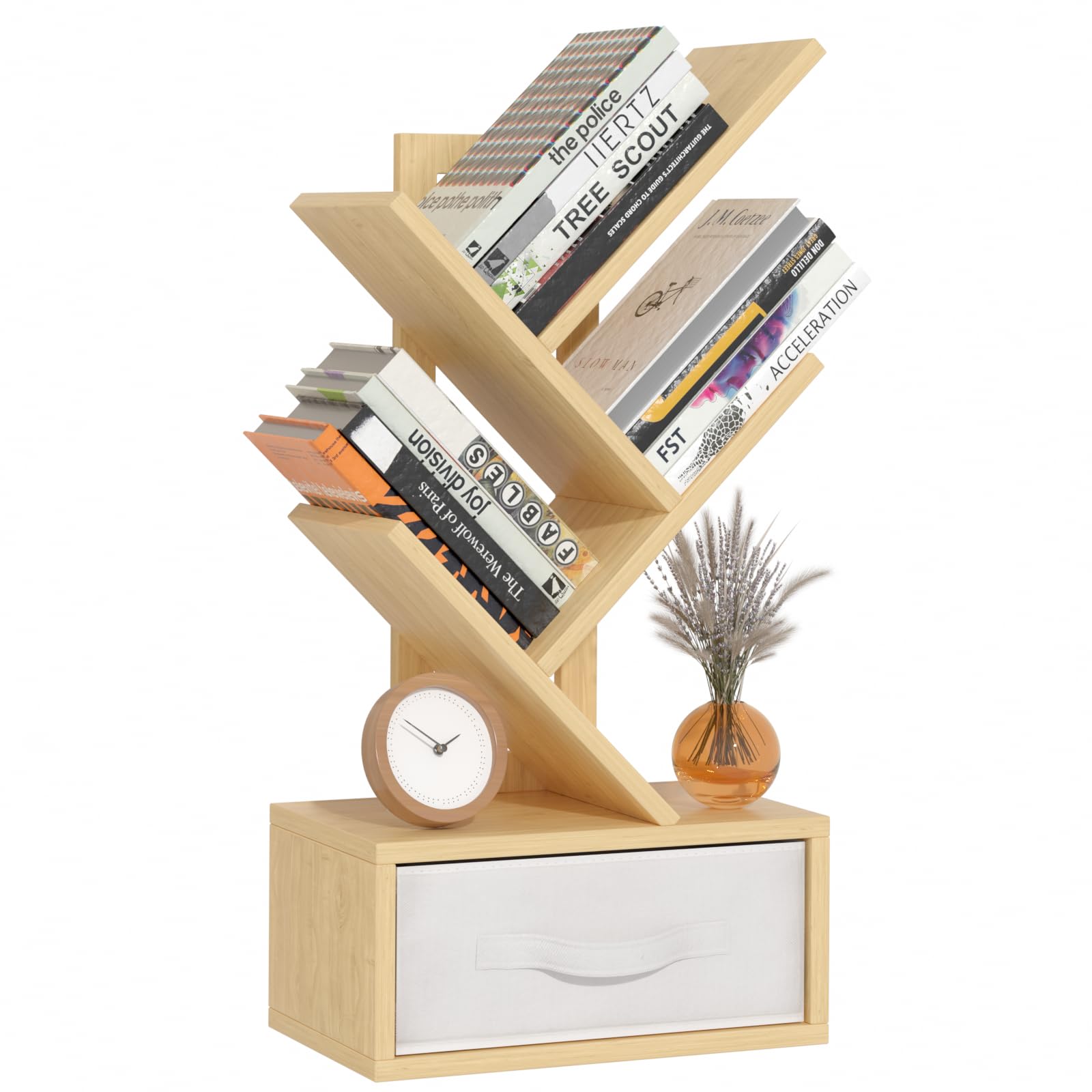 SHEEPAM Small Book Shelf with Drawer,4 Tier Black Tree Bookshelf,Wooden Desktop Bookcase,Modern Desk Display Storage Bookshelves,Floor Standing Organizer Bookcases for Living Room,Bedroom,Office