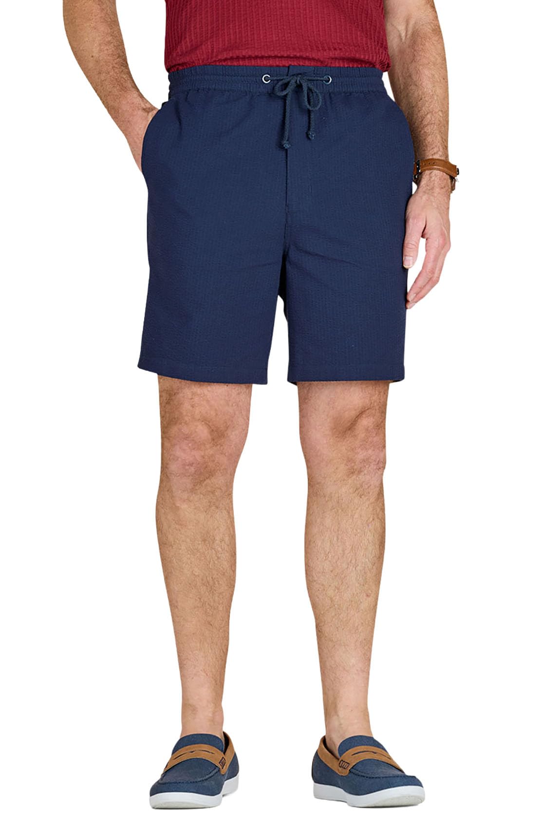 Chums Men's Navy Seersucker Cotton Shorts With Stretch Waistband, Zip Fly & Drawcord Lightweight Elasticated Waist Short