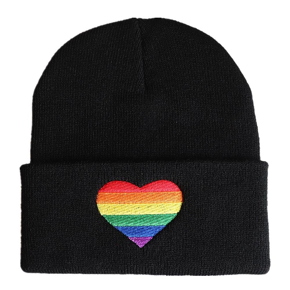 TRIXES Black Knitted Beanie with Pride Rainbow Heart Embroidered Decal – Pride Accessories – Unisex – LGBTQIA2S+ Essentials – One Size