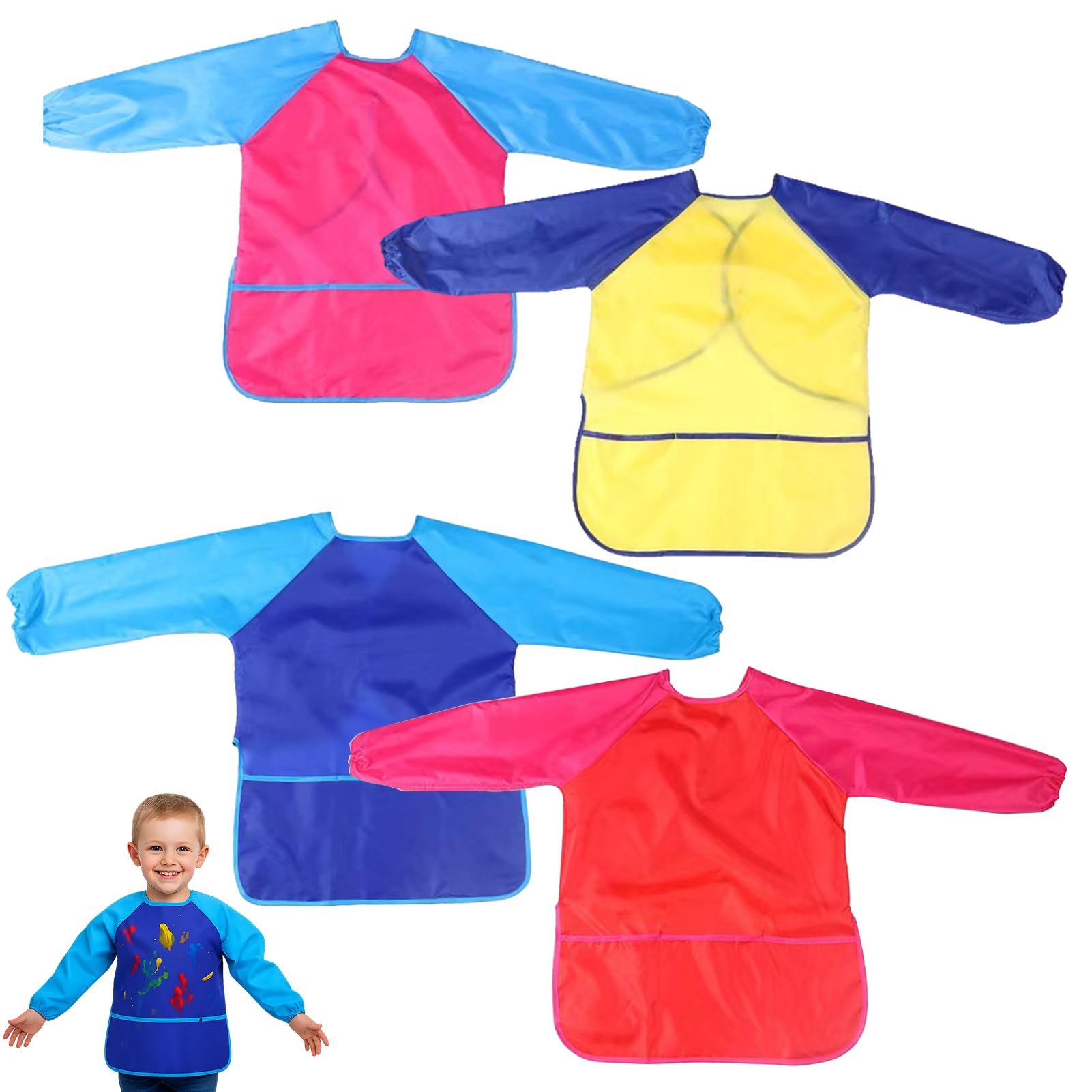 Girihe Painting Apron, Waterproof Apron Set, Art Apron Collection, Protective Wear for Creative Activities, Four Piece Assortment in Yellow, Rose, Royal Blue, Red，Ages 2-8