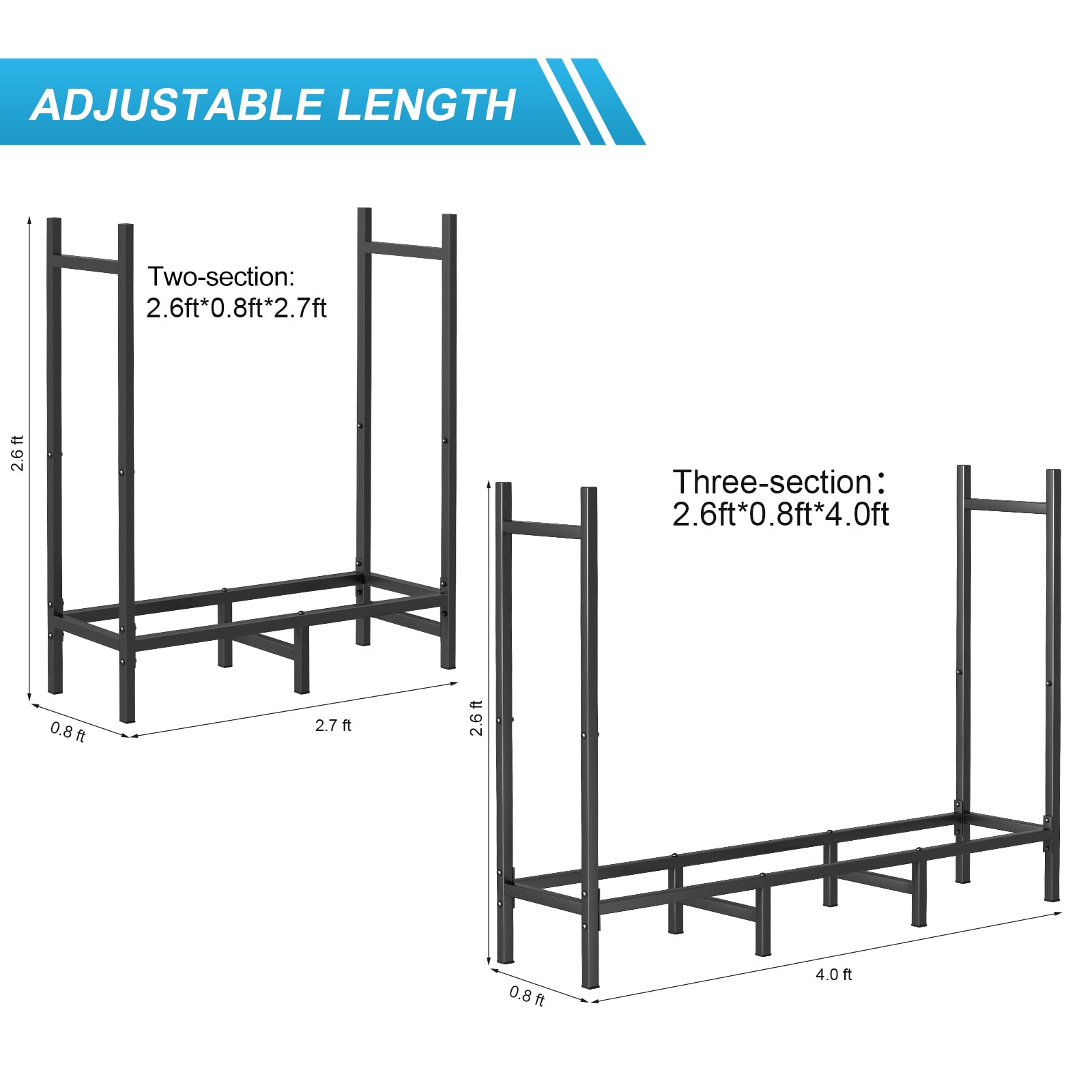YBING 4ft Heavy Duty Outdoor Indoor Firewood Storage Rack, Assembled Adjustable Metal Tubular Log Stacker Holder for Patio Fireplace Wood Pile Lumber Storage Carrier Tool Accessories, Matte Black