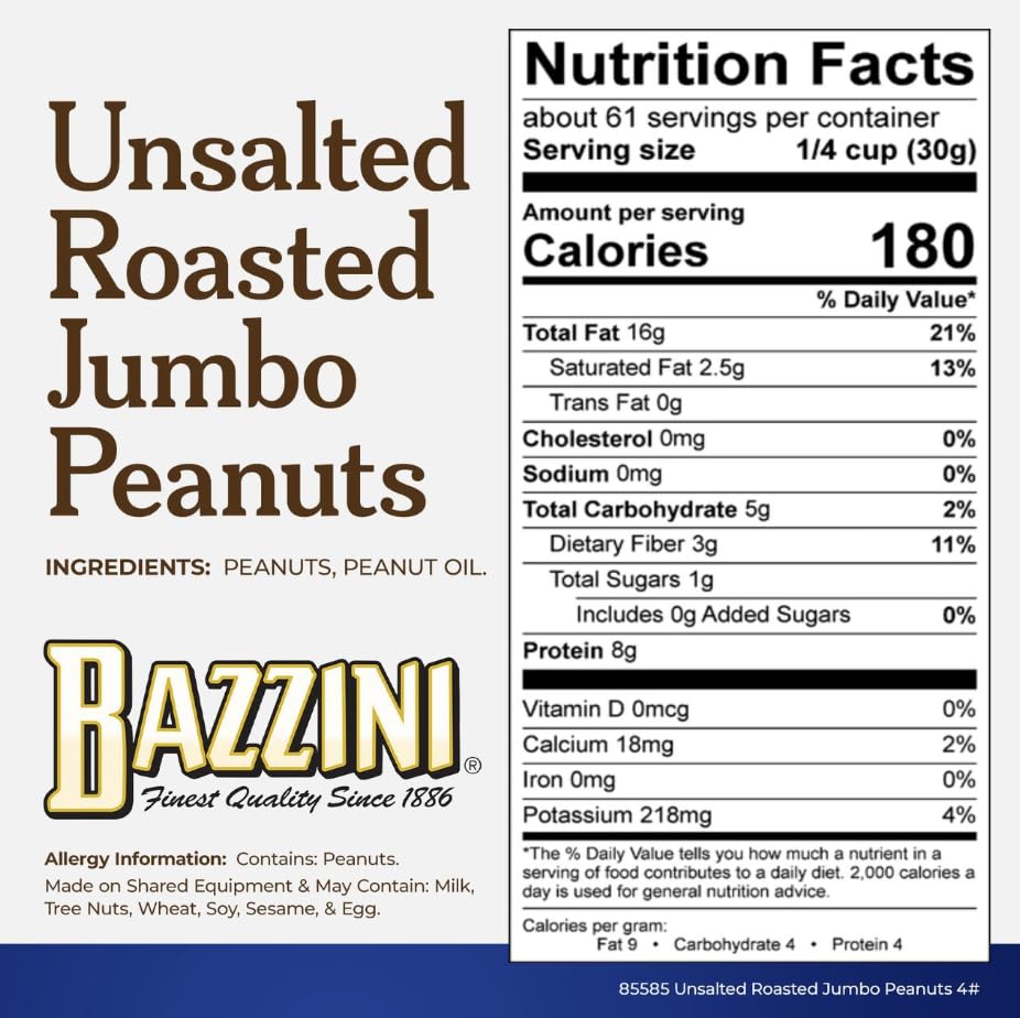 Image of Bazzini Unsalted Jumbo Peanuts 4lb Bulk Tin, Premium Roasted Peanuts with Classic Crunch, No Salt Added, Gluten Free Snack for Parties, Events, and Everyday Snacking