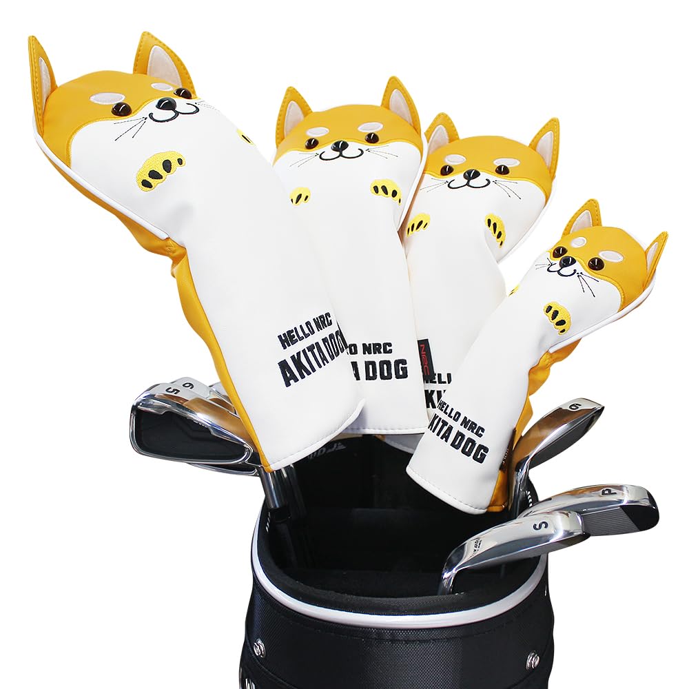 Golf SchläGerkopfhüLlen Golfschlägerkopfhaube for Driver Fairway Hybrid Cute Akita Golfputter-Abdeckung Aus PU-Leder, wasserdichte Schutzabdeckung(Yellow for Driver)